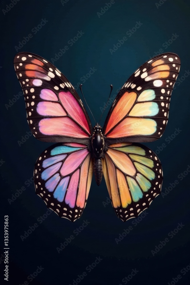 Fototapeta premium Delicate butterfly wings with pastel-colored ribbons on a dark background, wing, whimsical