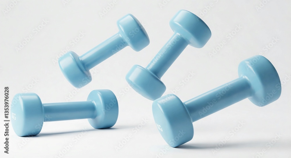 Four light blue dumbbells are floating against a clean white background. The minimalist design highlights fitness, strength training, and home workouts, perfect for health and exercise concepts.
Four light blue dumbbells are floating against a clean white background. The minimalist design highlights fitness, strength training, and home workouts, perfect for health and exercise concepts.