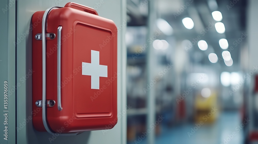 A Close-up of a First Aid Kit on a Factory Wall Symbolizing Safety A Close-up of a First Aid Kit on a Factory Wall Symbolizing Safety