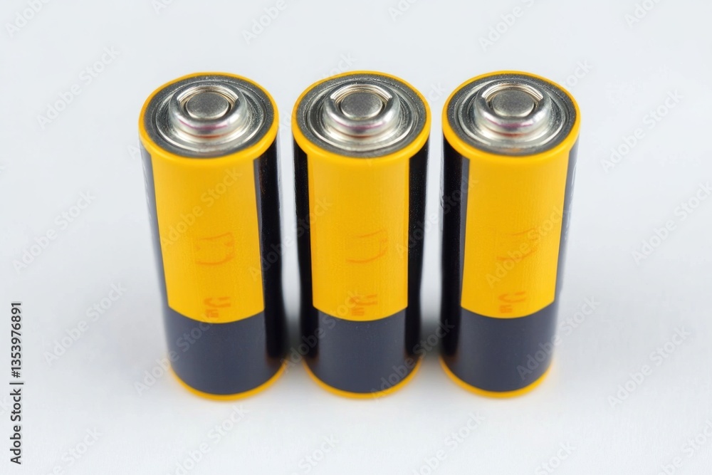 Three AA batteries on white background. Three AA batteries on white background.