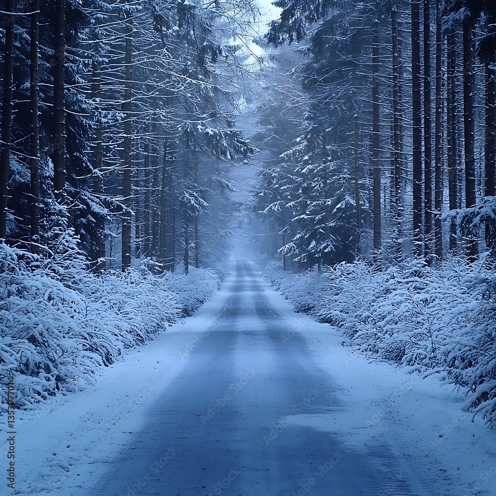 Naklejka premium Snowy Forest Road for Winter Path.