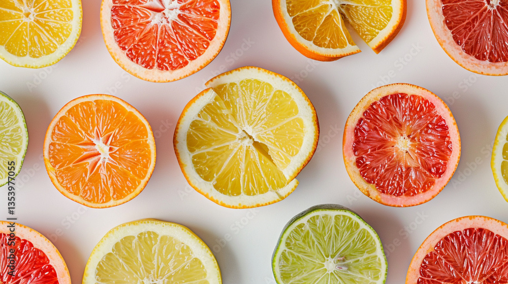 Obraz premium Colorful citrus slices (orange, lemon, grapefruit, lime) overlapping in vibrant pattern