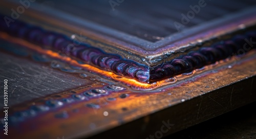 Close-up view of a clean metal weld seam at the corner of two steel plates. Industrial concept of welding, engineering, and fabrication