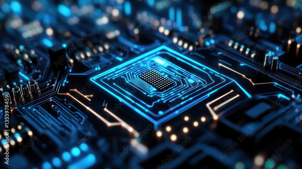 Close-up of a futuristic microchip with glowing circuits Close-up of a futuristic microchip with glowing circuits