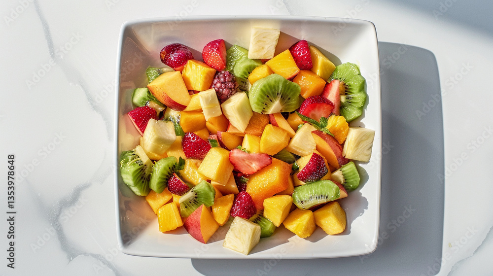 Tropical fruit salad arranged in geometric pattern, colorful flat lay Tropical fruit salad arranged in geometric pattern, colorful flat lay