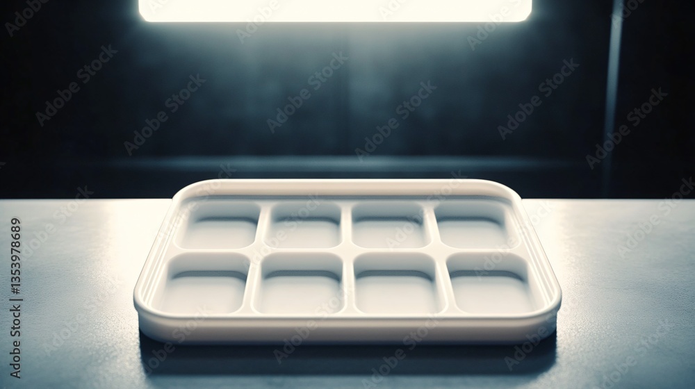 White plastic ice cube tray in a cool-toned illuminated setting
White plastic ice cube tray in a cool-toned illuminated setting