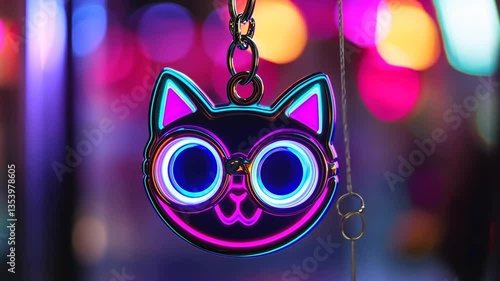 Glowing Neon Cat Keychain with Vibrant Bokeh Background for Whimsical Modern Designs