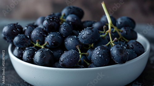 Wallpaper Mural Glossy black grapes with dewdrops resting on rustic wood, fresh harvest detail with natural texture Torontodigital.ca