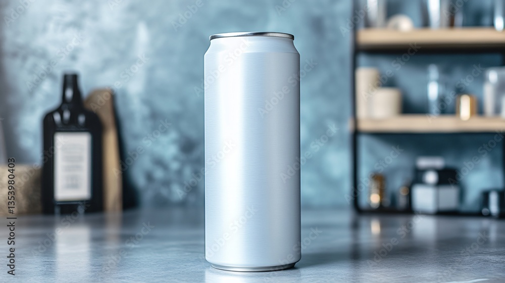 Fototapeta premium Aluminum Beverage Can on Reflective Surface with Blurred Background for Product Mockups