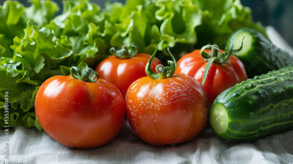 Fresh vegetables including tomatoes, cucumbers, and lettuce in tight composition, clean produce layout Fresh vegetables including tomatoes, cucumbers, and lettuce in tight composition, clean produce layout