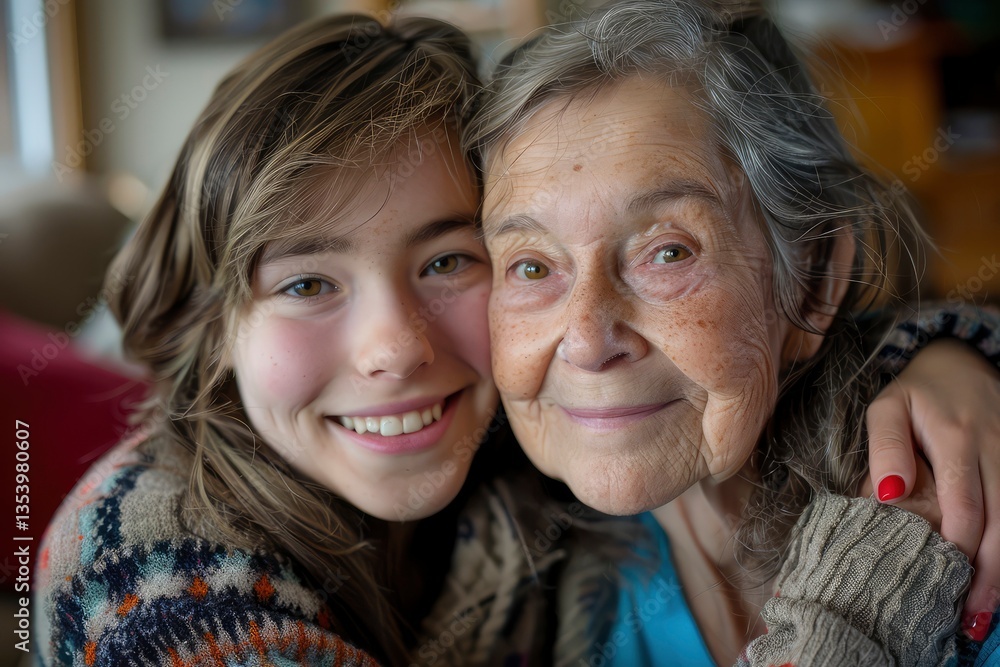 A heartwarming scene of a grandmother and granddaughter smiling together, representing the enduring connection between generations A heartwarming scene of a grandmother and granddaughter smiling together, representing the enduring connection between generations