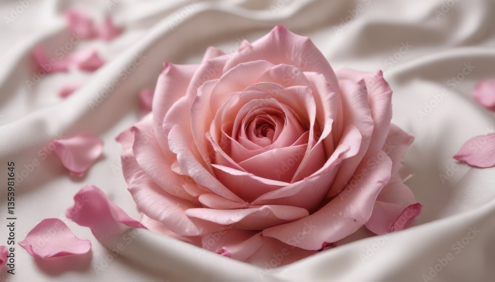 Delicate pink rose petals unfolding on a smooth silk fabric, blooms, cotton Delicate pink rose petals unfolding on a smooth silk fabric, blooms, cotton
