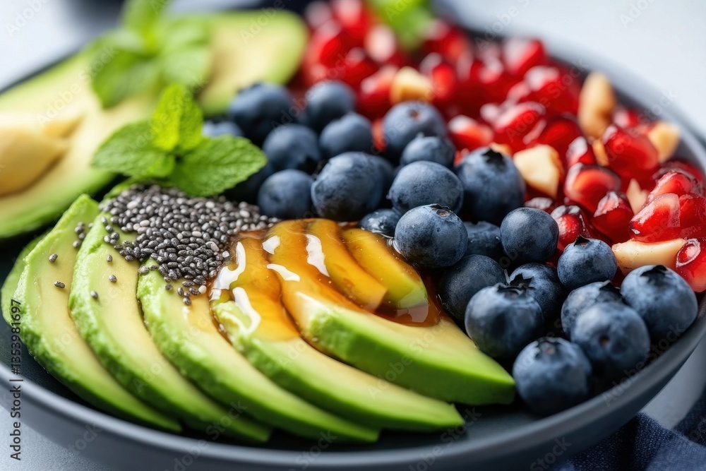 Close-up of fresh avocado slices adorned with vibrant pomegranate seeds, showcasing a colorful and healthy snack. Close-up of fresh avocado slices adorned with vibrant pomegranate seeds, showcasing a colorful and healthy snack.