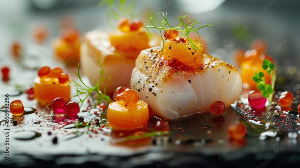 Artistic capture of a French culinary masterpiece, focusing on the exquisite textures and delicate garnishes, in a refined fine dining atmosphere Artistic capture of a French culinary masterpiece, focusing on the exquisite textures and delicate garnishes, in a refined fine dining atmosphere