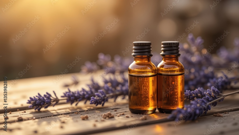 Glowing Bottles of Essential Oils Surrounded by Fresh Lavender with Warm Sunlight Background Glowing Bottles of Essential Oils Surrounded by Fresh Lavender with Warm Sunlight Background