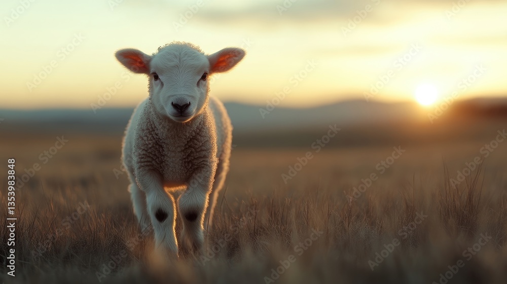 Fototapeta premium A lamb stands in a golden field at sunset. A small, fluffy lamb is the focal point in a warm, golden field as the sun sets. 