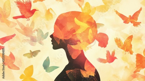 Woman Silhouette Surrounded by Birds and Butterflies: A Watercolor Dream of Freedom and Inner Peace
