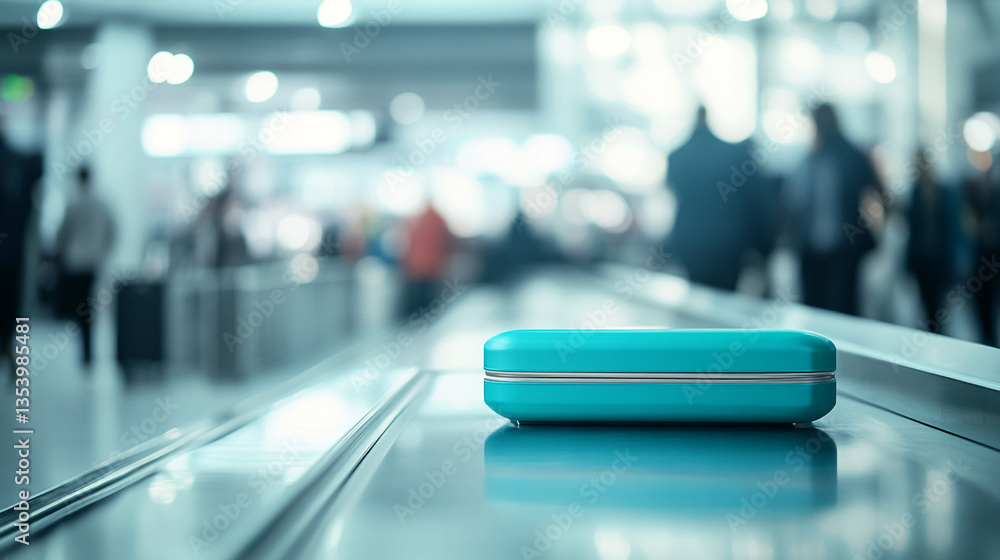 Obraz premium Teal rectangular case on a conveyor belt, blurred airport background suggesting travel or transportation concept