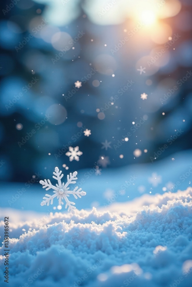Delicate snowflakes gently fall in a frozen landscape, calm, serene Delicate snowflakes gently fall in a frozen landscape, calm, serene