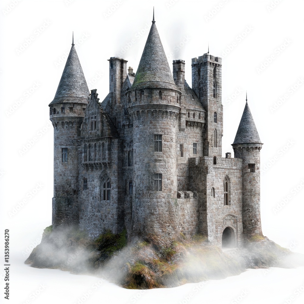 Fototapeta premium A castle with a large tower sits on a rocky hill overlooking a body of water