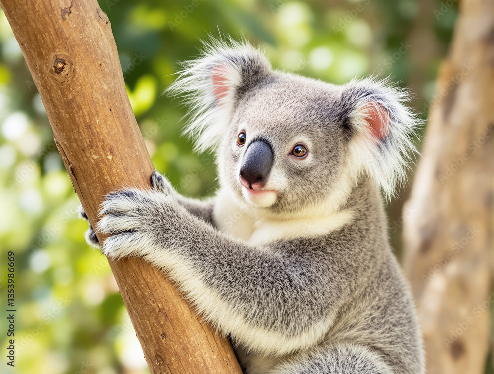 Fototapeta premium Koala holding onto a tree branch with a curious expression, fluffy fur, and large ears. Green blurred background. Concept of wildlife and nature. Ai generative