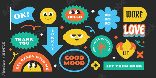 Colorful groovy and trendy stickers with gen z and millenials slang words.  Vintage stickers, patch, badge element with cartoon character.