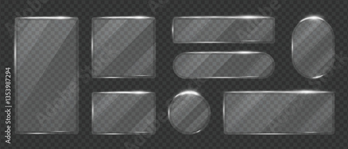 Glass transparent geometric shape frames shining glare set, Glass overlay texture square and oval panels, Plastic samples glass mirror, Vector illustration.