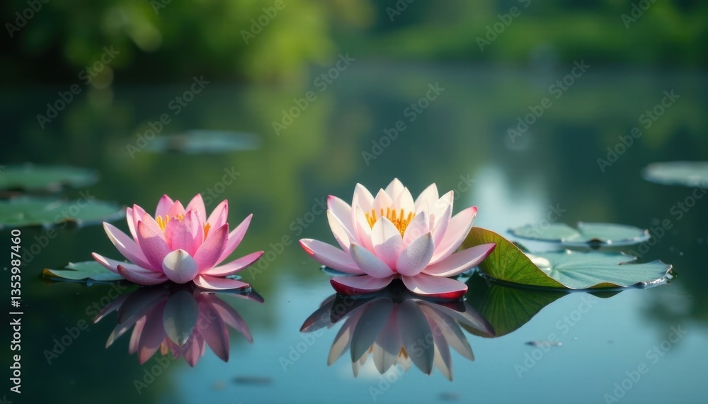 Delicate water lilies float on tranquil lake, water, watercolor floral Delicate water lilies float on tranquil lake, water, watercolor floral