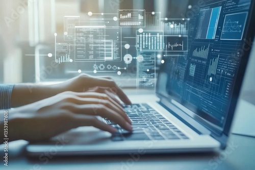 Person using laptop, data visualization on screen.
