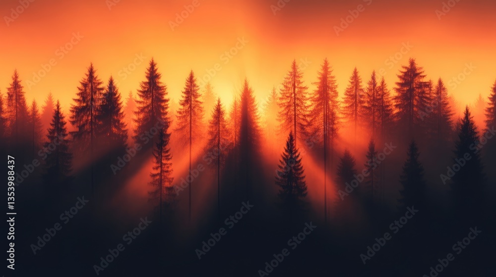 Sunrise through a misty forest. Silhouette trees bathed in warm, golden light Sunrise through a misty forest. Silhouette trees bathed in warm, golden light