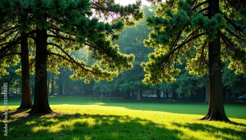 Dense cluster of pine trees in a park, pine trees, coniferous