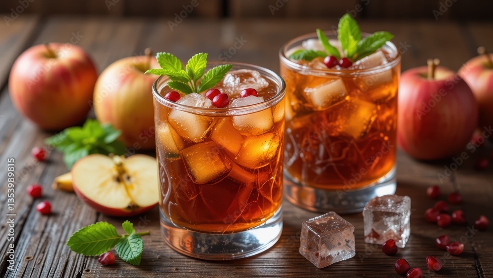 Refreshing Apple and Pomegranate Cocktail with Mint Garnish Served in Glasses on Rustic Wooden Table Refreshing Apple and Pomegranate Cocktail with Mint Garnish Served in Glasses on Rustic Wooden Table