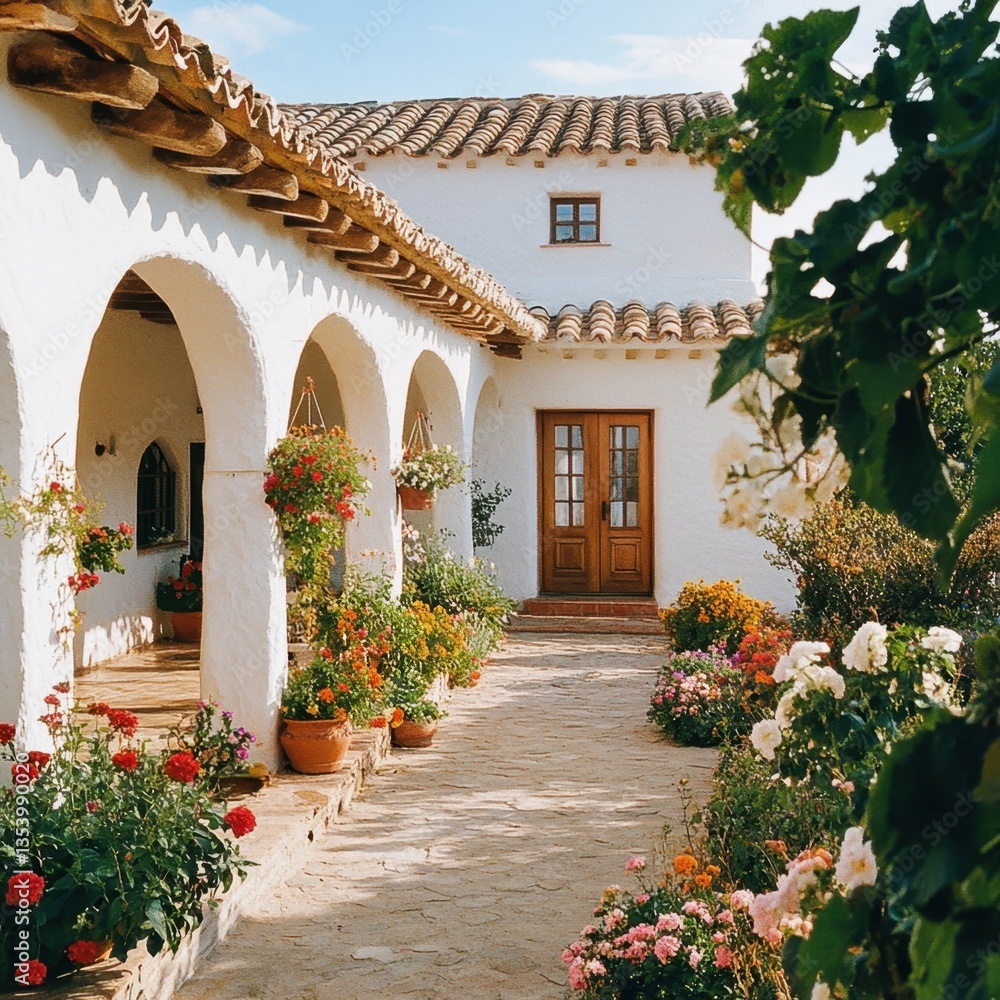 Naklejka premium A beautiful white house with a large patio and a garden full of flowers