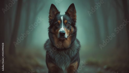 A majestic dog standing in a foggy forest with a dramatic atmosphere. Perfect for pet lovers, wildlife themes, and moody nature photography