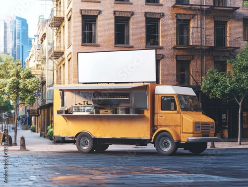 Yellow food truck with blank billboard parked on city street.