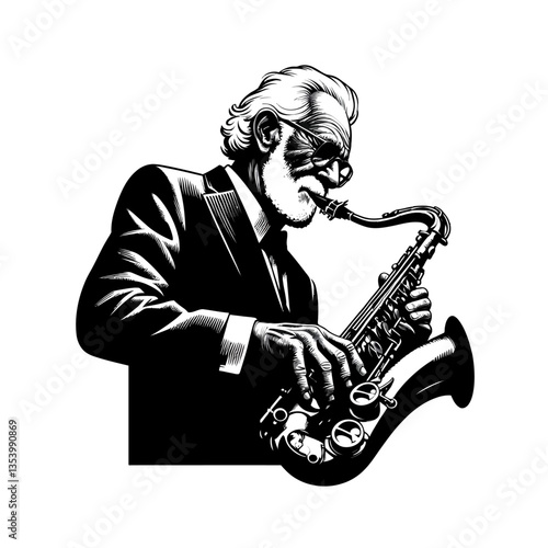 A talented elderly man playing saxophone black color vector white background 
