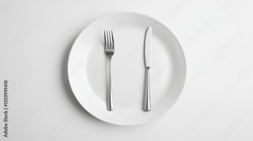 Empty plate with knife and fork on white background. Possible use for food photography, restaurant, or healthy eating concept Empty plate with knife and fork on white background. Possible use for food photography, restaurant, or healthy eating concept