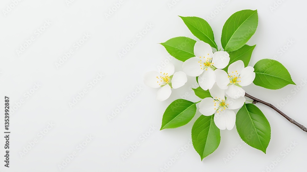 Obraz premium Delicate White Blossoms and Vibrant Green Leaves on a Light Gray Background: A Springtime Floral Image