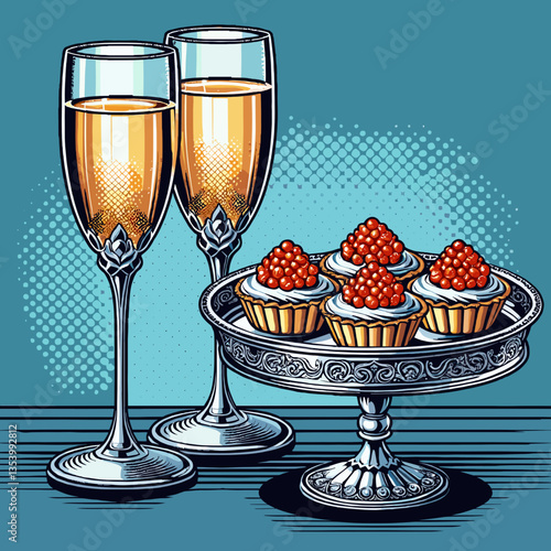 Two elegant champagne glasses and red caviar tarts on Pop Art Style, colored vector 