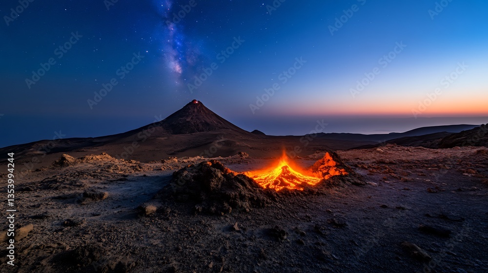 Fototapeta premium Night Fire Volcano under Milky Way