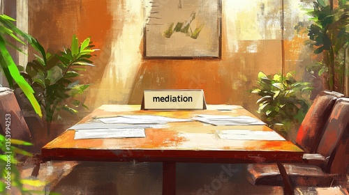 Sunlit Mediation Room: A Peaceful Setting for Resolution and Understanding