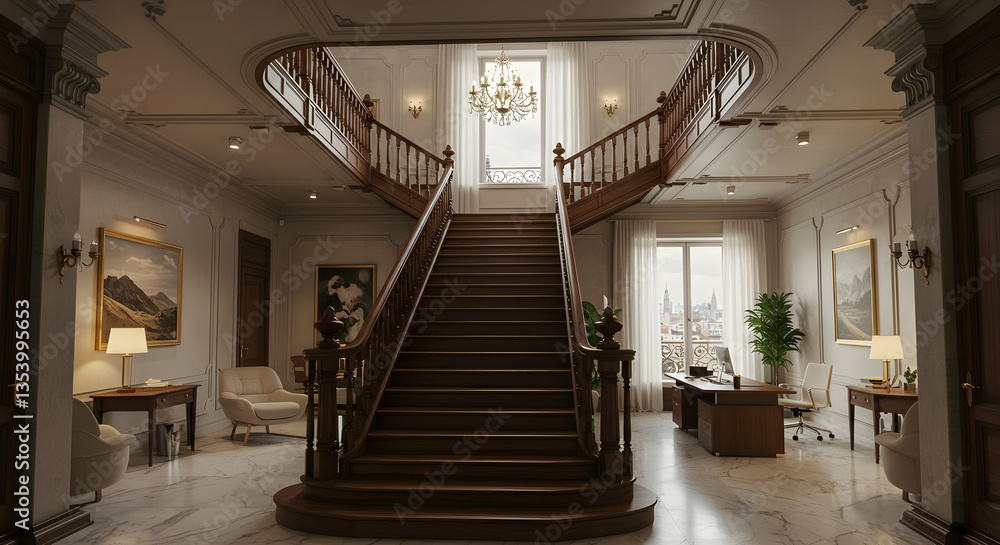 Obraz premium Grand Wooden Staircase In Elegant Mansion Interior