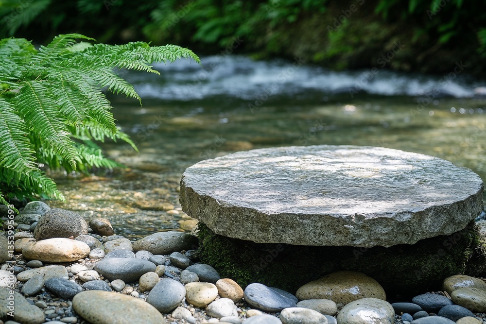 Minimalist stone podium placed on a riverbank, crystal-clear water flowing gently around, smooth pebbles and vibrant green ferns, peaceful and natural setting for organic branding. Minimalist stone podium placed on a riverbank, crystal-clear water flowing gently around, smooth pebbles and vibrant green ferns, peaceful and natural setting for organic branding.