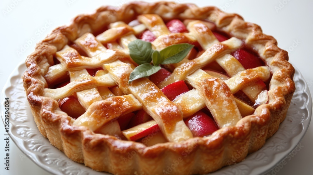 Freshly baked apple pie with a golden lattice crust, garnished with a basil leaf, on a decorative plate Freshly baked apple pie with a golden lattice crust, garnished with a basil leaf, on a decorative plate
