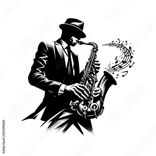 A talented elderly man playing saxophone black color vector white background