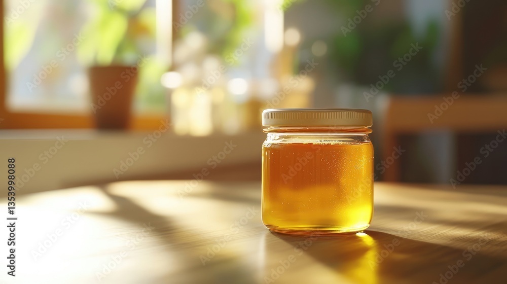 A close-up of a glass jar of honey sitting on a wooden table, with sunlight streaming through a window A close-up of a glass jar of honey sitting on a wooden table, with sunlight streaming through a window