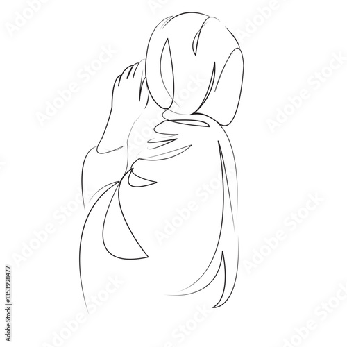 One continuous line art drawing flat illustration woman, person, muslim, headscarf, adult, islam, female, portrait, arabic. Isolated image hand draw outline on white background