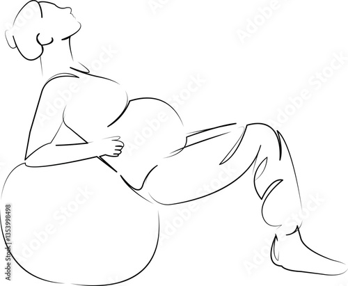 One continuous line art drawing flat illustration pregnant, mother, lifestyle, sport, adult, indoor, ball, female, training. Isolated image hand draw outline on white background