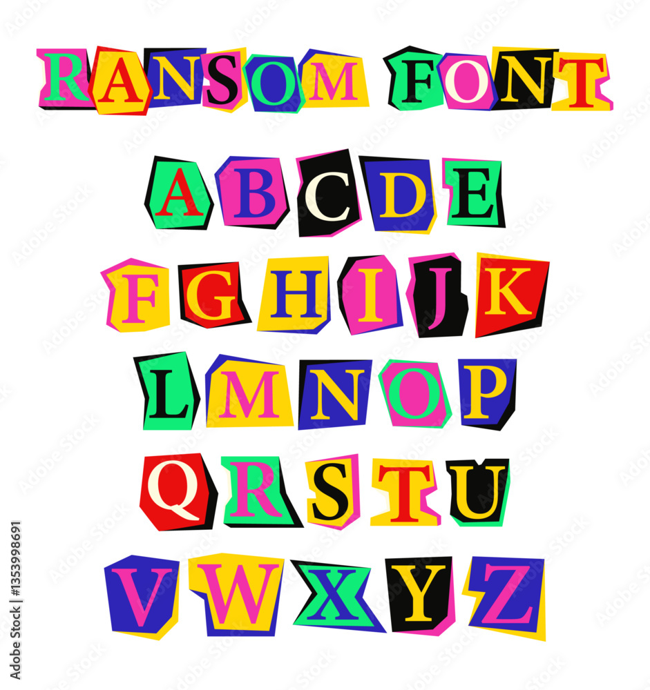 Bright colorful ransom font isolated on white background. Vector artistic typography cutout from newspaper. Bright colorful ransom font isolated on white background. Vector artistic typography cutout from newspaper.