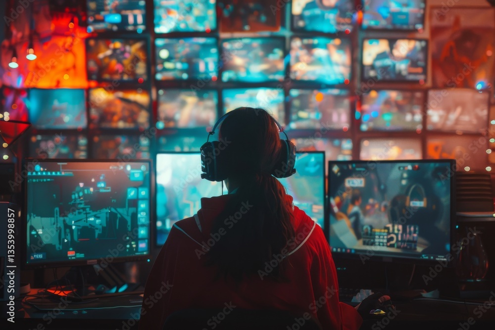 A gamer is participating in a live-streamed esports tournament, surrounded by large monitors A gamer is participating in a live-streamed esports tournament, surrounded by large monitors